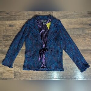 QVC Dialogue Blue Purple Tweed Blazer W/ Purple Front Tie Size Med NWT Frayed